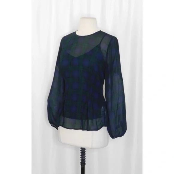 NEW!! J. CREW Chiffon Shirred-Waist Top Black Watch Tartan Plaid Copper Green 2 - Picture 6 of 14